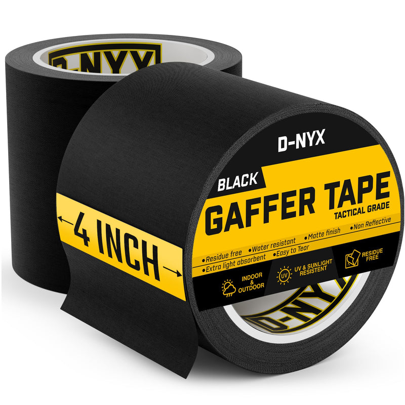 D-NYX Gaffer Tape 4 Inch x 2 Pack Black Gaff Tape, Heavy Duty No Residue Gaffers Tape, Multipurpose Real Professional Grade Black Gaffer Tape, Matte Finish, Non-Reflective, Waterproof