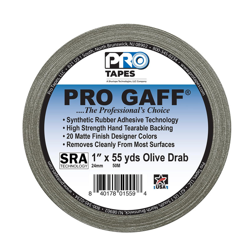1" Width ProTapes Pro Gaff Premium Matte Cloth Gaffer's Tape With Rubber Adhesive, 11 mils Thick, 55 yds Length, Olive Drab (Pack of 1) 1 in. x 55 yds. (24mm x 50m) Practical, rugged
