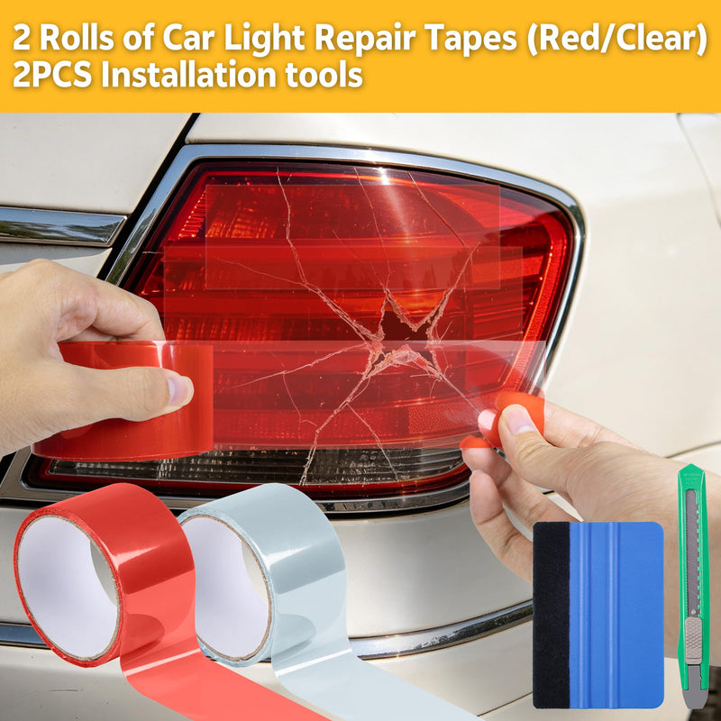 Lypumso 2in x 20ft Tail Light Repair Tape, Self-Adhesive Headlight & Taillight Repair Transparent Tint Vinyl Tape, 2 Rolls Red & Clear Auto Tail Fog Lights Headlight Lens Light Tape Red and Clear