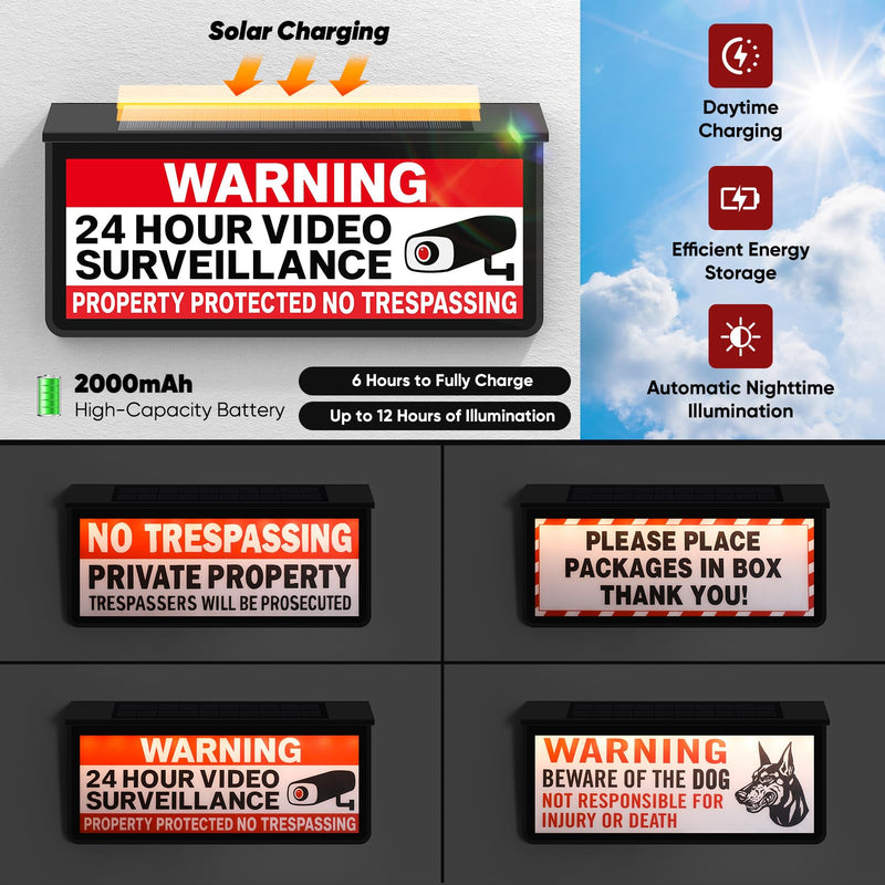Warning Sign Light with Dual Color Modes, IP65 Waterproof Outdoor Security Sign for No Trespassing, Beware of Dog, Package Delivery 12"x6"