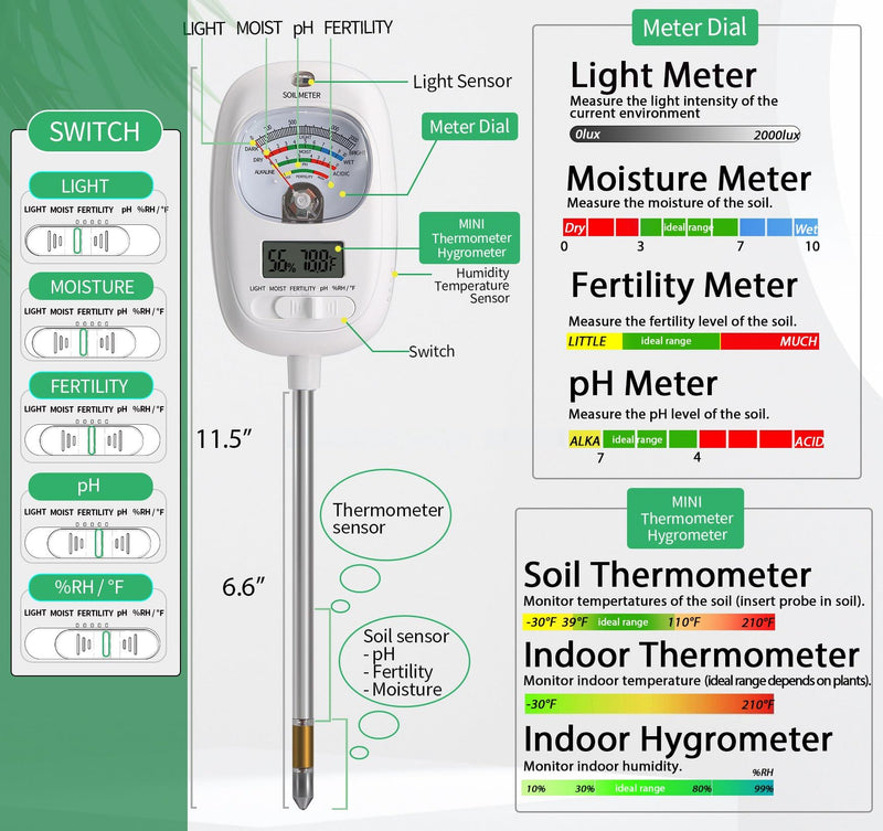 [Australia - AusPower] - HSLGOVE Soil Test Kit, 7-in-One Soil Moisture Meter/Soil PH Meter/Fertility, Dual Screen Soil Tester w/Digital Soil Temp/Air Temp&Humidity for Plants Gardening,Lawn,Farm Indoor&Outdoor-Lvory White LvoryWhite 