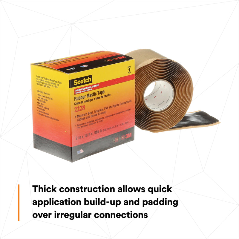 3M Scotch Rubber Mastic Tape 2228, 2 in x 10 ft, Black, Conformable, Self–Fusing, Electrical Insulating, Moisture Sealing, Indoor and Outdoor Applications, 65 mil Thick, 1 Roll