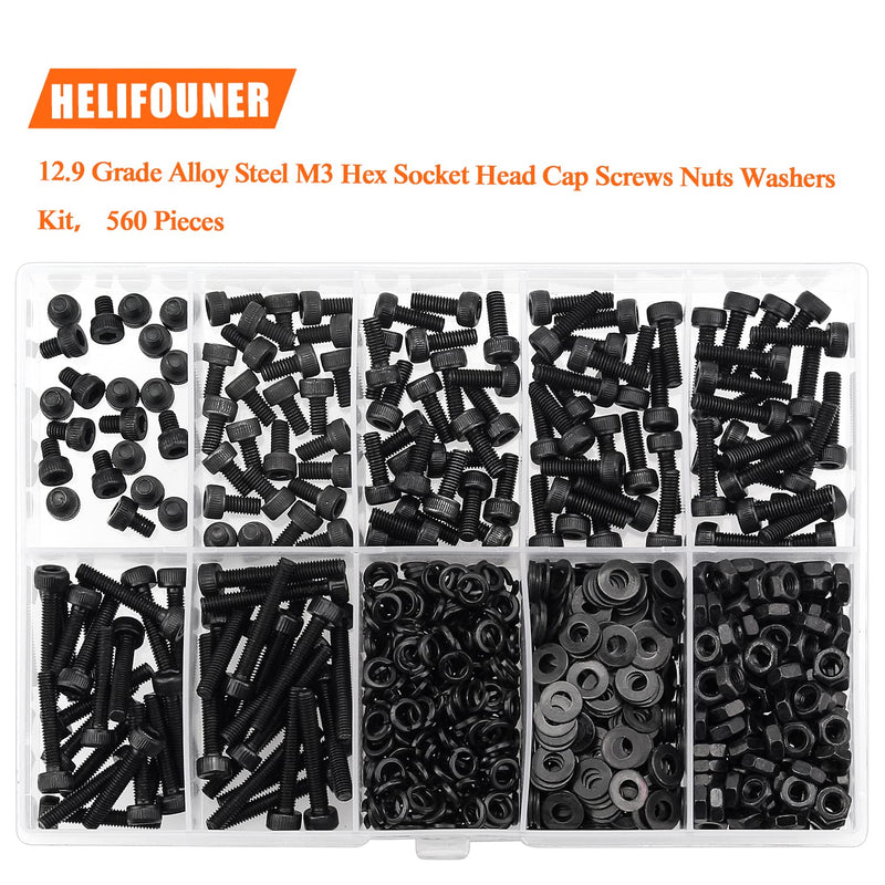 [Australia - AusPower] - 560 Pieces M3 x 4mm /6mm /8mm /10mm /12mm /16mm /20mm, Hex Socket Head Cap Screws Bolts Washers Nuts Kit, 12.9 Grade Alloy Steel, Full Threaded, Black 