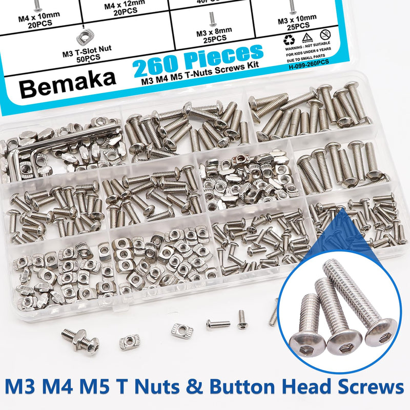 [Australia - AusPower] - 260PCS M3 M4 M5 T Nuts Screws Kit, T Slot Nuts Hammer Head Fastener with Nickel Plated Carbon Steel Button Head Screws for 2020 Series Aluminum Extrusion Profile 