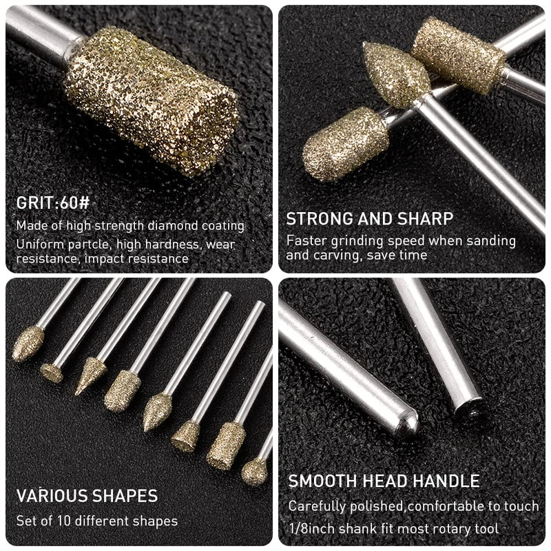 [Australia - AusPower] - Diamond Grinding Point Set, 20 Pieces Rotary Cutter Drill Milling Tool Set with 1/8 Inch Shank for Stone, Ceramic, Glass, Carving, Grinding, Polishing, Engraving 