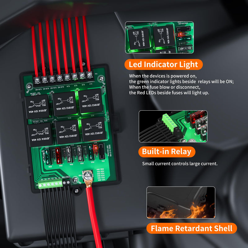 [Australia - AusPower] - Joinfworld Relay Box Fuse Relay Box 12V Automotive Universal Fuse Panel with 6 Way Relays and 14 x ATC/ATO Blade Fuses 12 Volt Fuse Box Waterproof with Led Light and Relay Module Relay Box with Led 
