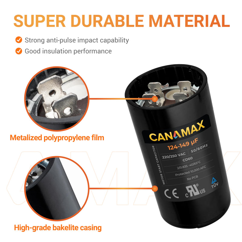 [Australia - AusPower] - Canamax 124-149 uf/MFD 220-250VAC Round Run Start Capacitor - Replacement for AC Motor Run or Fan Start and Cool or Heat Pump Air Conditioner 