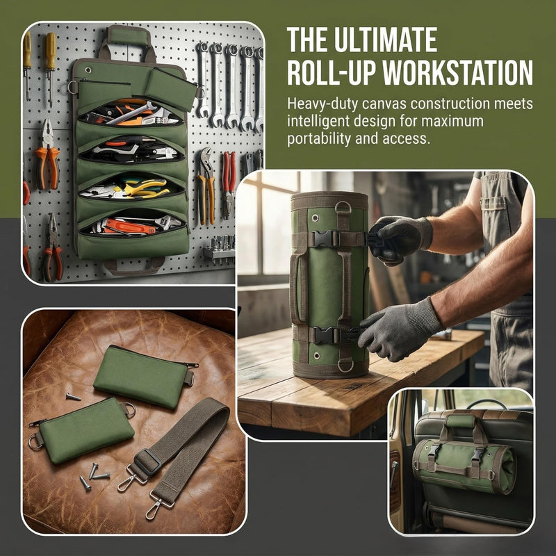 Sellign Tool Bag Roll Up，Heavy Duty Portable soft Tool Storage Organizer, Foldable Rollup with Small Pockets, Official Rollable Toolbag, Father Day Gifts for Him Dad Men Mechanic Welding(Green） Green