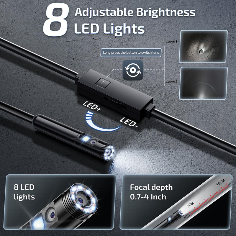 [Australia - AusPower] - [Dual-Lens] Endoscope Camera with Light, 1920P Borescope Inspection Camera with 8+1 Adjustable LED Lights, Semi-Rigid Snake Cable 16.5FT, IP67 Waterproof for iPhone, iPad, Samsung,Cool Gadgets for Men 