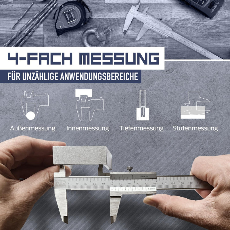 [Australia - AusPower] - MIB Vernier Caliper with Locking Screw DIN 862 150 mm | Stainless Steel Calliper | Analogue Caliper | Push Gauge Matte Chrome-Plated | Precision Gauge for 4-Way Measurement | Measuring Tool DIN 862 150mm 