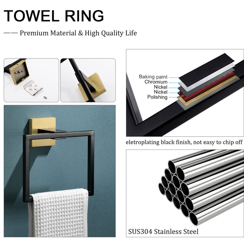 Black and Gold Towel Ring Modern Square Hand Towel Bar,Towel Holder for Bathroom,Wall Mount Stainless Steel Black Gold
