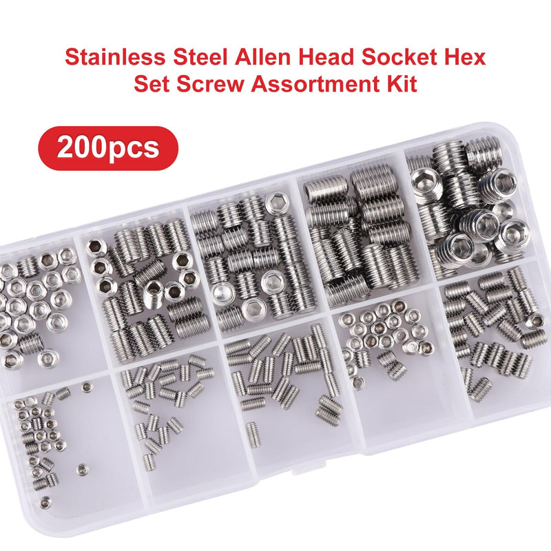 [Australia - AusPower] - 200pcs Stainless Steel Allen Head Grub Screws Socket Hex Set Screw Metric M3 M4 M5 M6 M8 Assortment Kit (Silver) Silver 