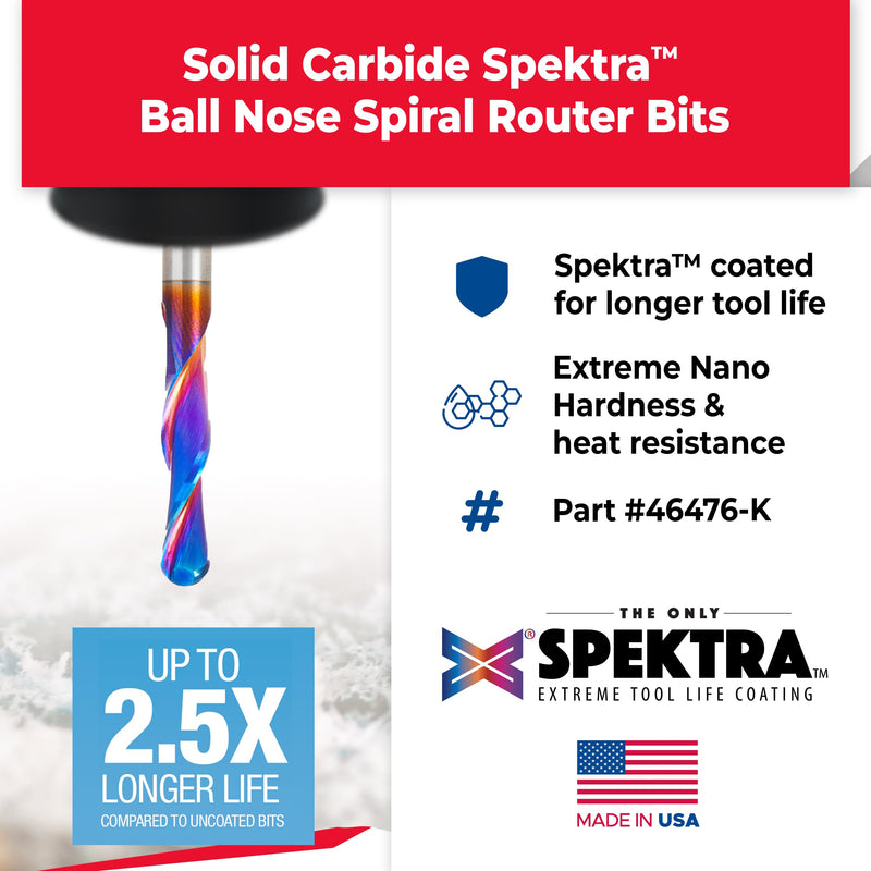Amana Tool 46476-K SC Spektra Extreme Tool Life Coated Down-Cut Ball Nose Spiral 1/8 R x 1/4 D x 1 CH x 1/4 SHK x 2-1/2 Inch Long Router Bit 1-4 D x 1 CH x 1-4 SHK