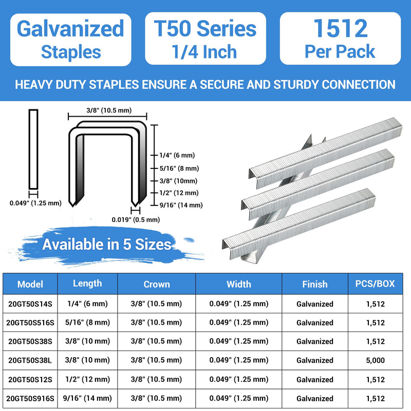 [Australia - AusPower] - meite T50 Staples, 1/4 Inch Heavy Duty Staples for Staple Gun, 20 Gauge 3/8 Inch Crown Galvanized Upholstery Staples Staple Gun Staples (1,512 Counts) 1 Pack (1,512 Counts) 