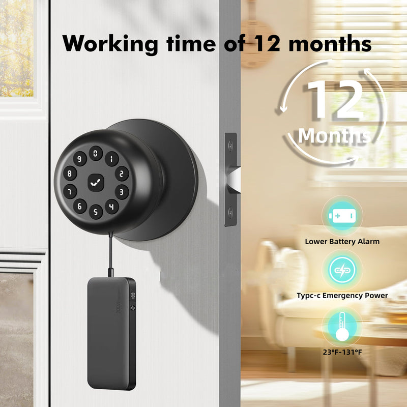 Smart Door Knob with Lock,Keyless Entry Door Lock for Front Door, Keypad Smart Door Locks,Auto Lock,Easy to Install,Great for Bedroom,Home,Office,Hotel,Garage (Black, No App) Black