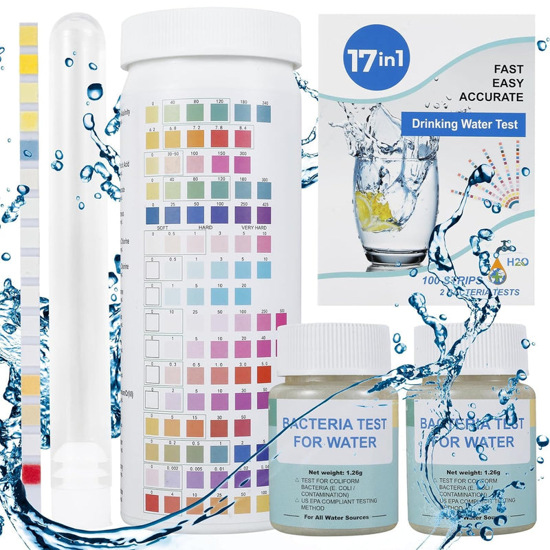 [Australia - AusPower] - Complete Water Testing Kits for Drinking Water 100 Strips + 2 Bacteria Tester Kits 17 in 1 Well, Tap, Drinking Water, City Water Testing Strips (100) 
