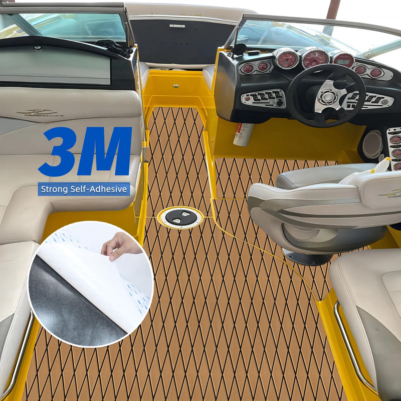 HXBYX EVA Foam Boat Flooring with 3M Adhesive Backing 6mm Thick Diamond Sea Deck Boat Carpet Marine Non-Slip Self-Adhesive Flooring Sheet for Kayak Yacht SwimPool RV 94"x43.9"/28.3"/15.3" Brown With Black Seam Lines 94"x15.3"-10.12sqft