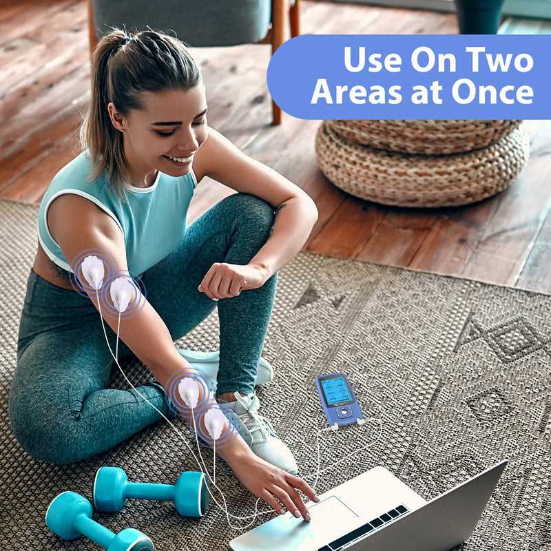 24 Modes Tens Unit Muscle Stimulator, Rechargeable Tens Machine with 8 Electrode Pads (American Gel), Electric Pulse Massager for Pain Relief Therapy（Blue） B-blue