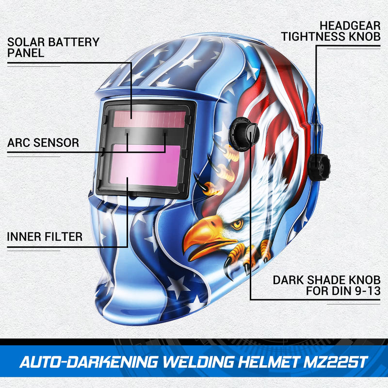 Welding Helmet Auto Darkening: DEKORPO True Color Solar Powered Auto Darkening Welding Welder Mask Hood Helmets MZ225T-Eagle Bule