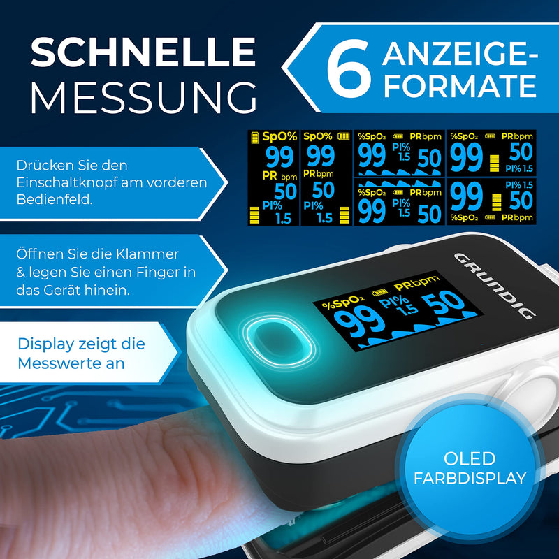 GRUNDIG Pulse Oximeter Oxygen Saturation Oximeter, High Precision Finger Oximeter Meter for Clinically Accurate Determination of Oxygen Saturation in Blood, Finger Measuring Device with Pulse Monitor Test