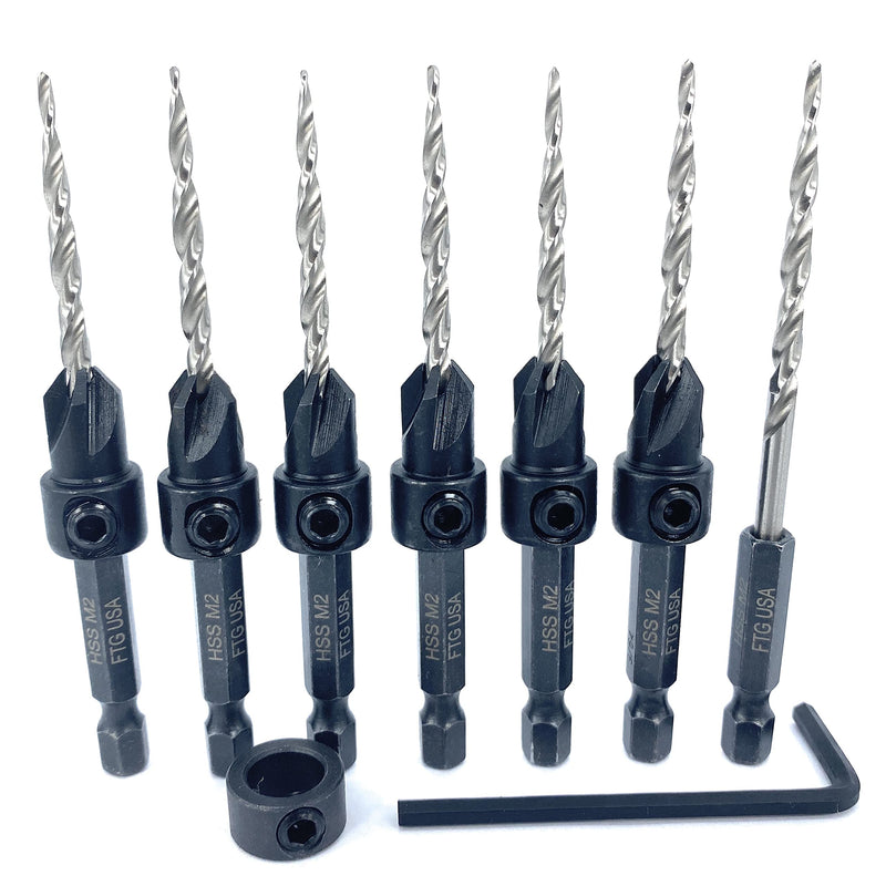 FTG USA Tapered Countersink Drill Bit Set 6 Pc #6 (9/64") Countersink Bit Same Size, 1 Tapered Drill Bit Replacement, Wood Countersink Drill Bits #6 (9/64") 6 Bits w/cutter + 1 Bit w/o cutter