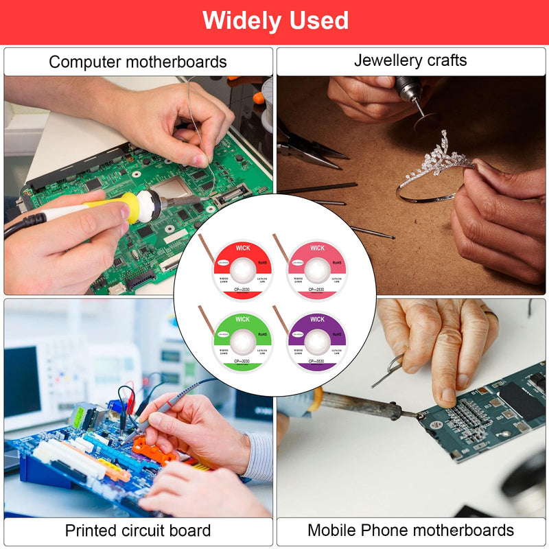 Desoldering Wire, Pack of 4 Pure Copper Desoldering Wire, Soldering Braid 2 mm 2.5 mm 3 mm 3.5 mm, Wick Strands for Desoldering, No-Clean Soldering Desoldering Wire, Soldering Accessories for Clean Removal of Solder