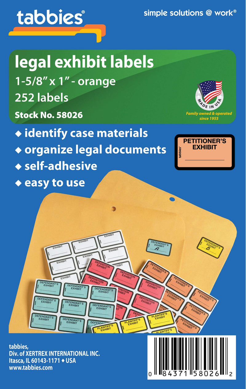 [Australia - AusPower] - Tabbies Legal Exhibit Labels, Label: 1-5/8"W x 1" H, Sheet: 5-1/4"W x 3-1/4"H, Orange, PETITIONER'S Exhibit 252 Label/Pack (58026) Petitoner'S Exhbit 