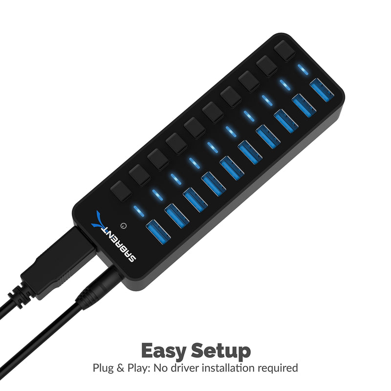 [Australia - AusPower] - SABRENT 10-Port 60W USB 3.0 Hub with Individual Power Switches and LEDs Includes 60W 12V/5A Power Adapter (HB-BU10) 