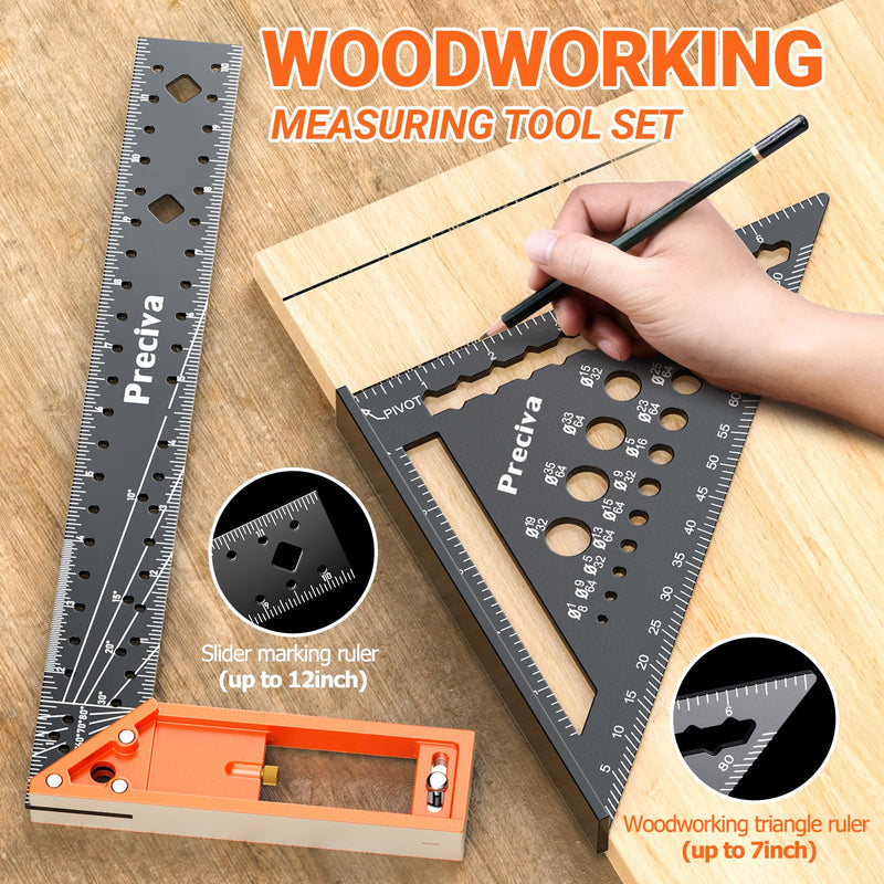 Preciva Carpenter Square Set, 7" Rafter & 12" Right Angle Ruler | Durable aluminum alloy, easy-read scale, use for marking angles, drawing lines, layout work, for carpenters, framers, DIYers
