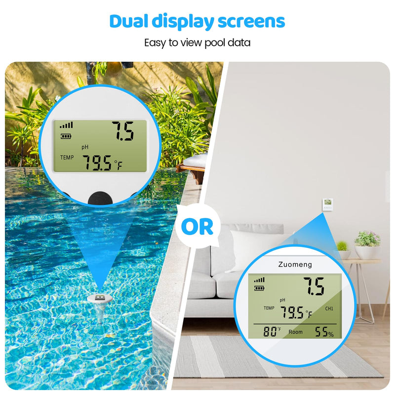 [Australia - AusPower] - Wireless Pool Monitor, Solar Pool Water Tester with Dual Displays & High-Precision Electrode for Real-Time Detection of Water Temp pH EC TDS for All Swimming Pools, Spas, and Hot Tubs 