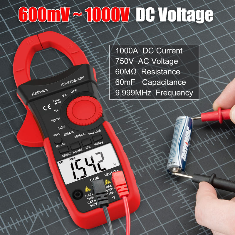 [Australia - AusPower] - Bluetooth Clamp Meter Clamp Meter, Kethvoz Anto Range True-RMS Current Clamp NCV Voltmeter 570S-APP Measure AC/DC Voltage Current, Continuity Resistance Capacity Temperature 1000A Bluetooth Clamp Meter 570SAPP 