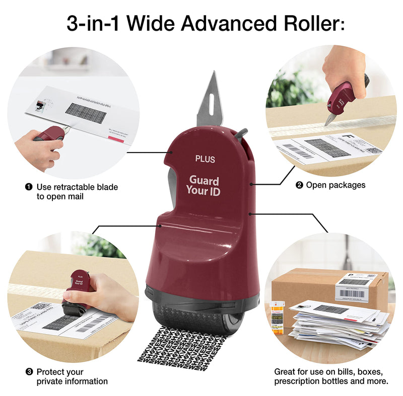 Guard Your ID 3-in-1 Wide Advanced Roller with Retractable Box & Envelope Opener, Identity Theft Prevention Security Stamp, Wine