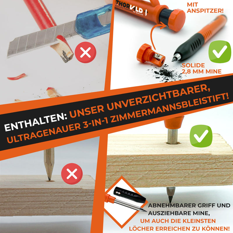 [Australia - AusPower] - THORVALD Zimmermannswinkel 5-in-1 - Protractor Try Square + Deep Hole Marker - Aluminium Angle with 180 mm Side Length for Precise Marking & Drawing / Multifunctional Perfect to Save Time 180mm + Pencil 