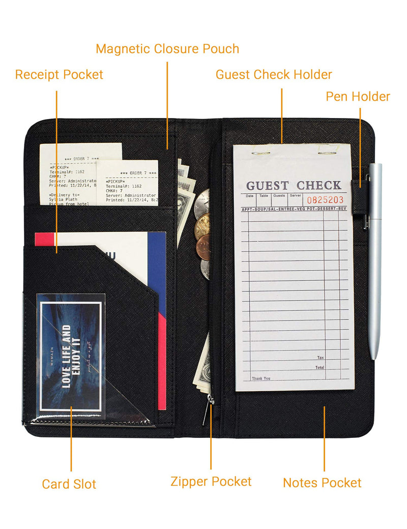 [Australia - AusPower] - Mymazn 5 X 9 Server Book for Waitress with Magnetic Closure, Zipper Pocket and Pen Holder (Black) Black 
