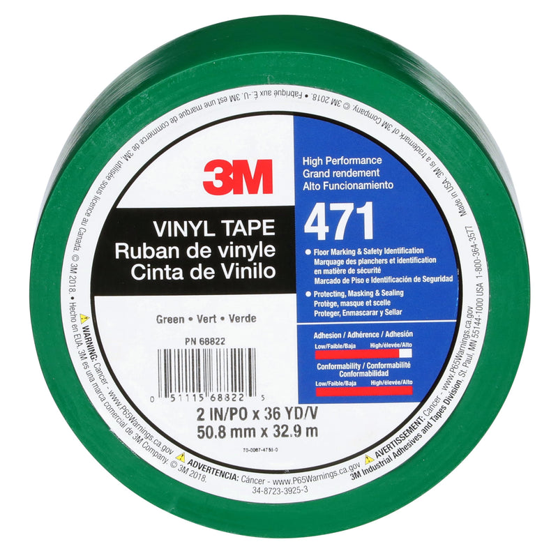 3M Vinyl Tape 471, 2 in x 36 yd, Green, 1 Roll, Green Floor Tape, Paint Alternative for Floor Marking, Social Distancing, Color Coding, Safety Marking