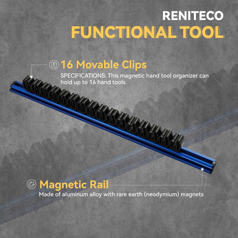 Reniteco Magnetic Screwdriver Organizer, Aluminum Alloy Rail Tool Holder, Fits Up to 16 Screwdrivers (Blue) Blue