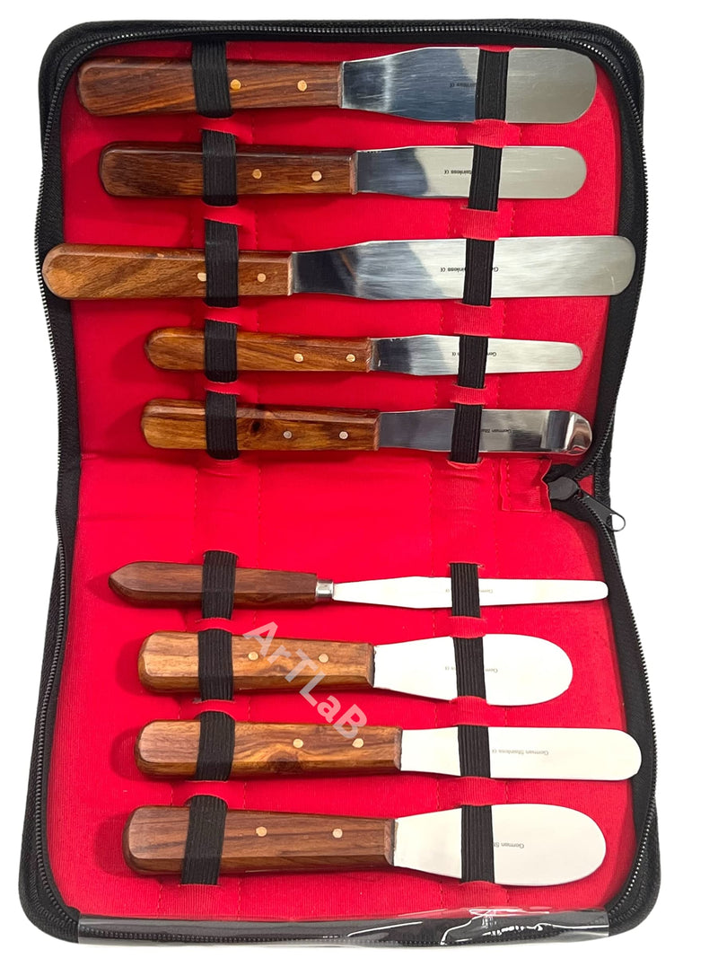 [Australia - AusPower] - ArTLaB Premium Stainless Steel Lab Spatulas with Wooden Handle Stainless Steel Blades Set of 9 -Dental Mixing Spatula Plastic Alignate Mixing Wooden Hanlde 