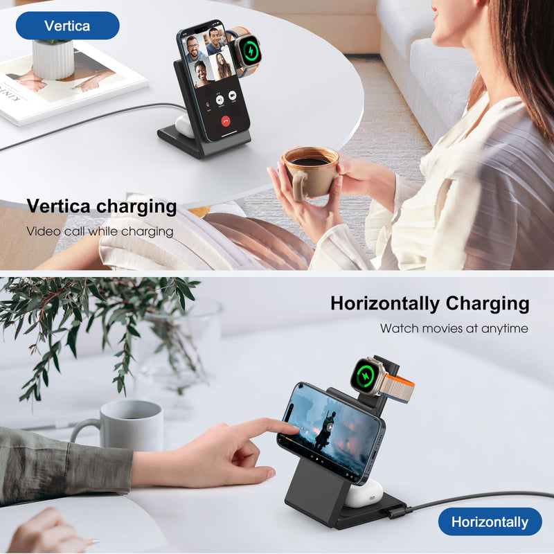 [Australia - AusPower] - 3 in 1 Wireless Charging Station for Multiple Devices, Fast Foldable Travel Mag-Safe Stand for iPhone 15 14 13 12 Pro Max/Plus/Pro/Mini, Magnetic Charger for Apple Watch/AirPods Pro with 20W Adapter Upgraded Black 