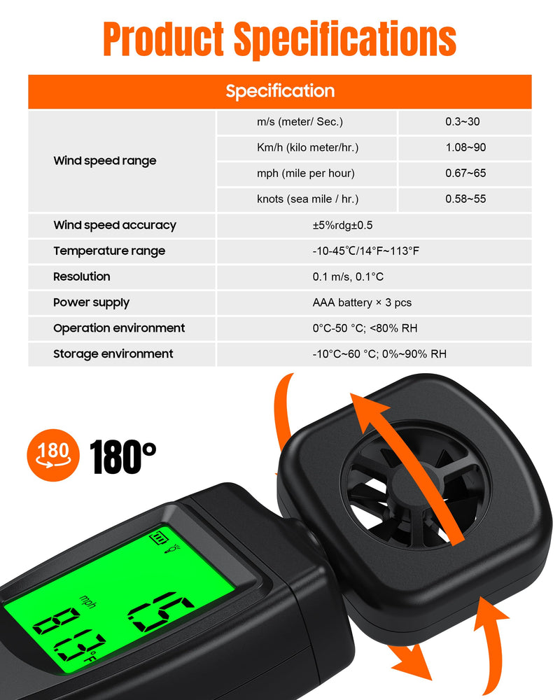 FOOAO Anemometer, Wind Meter Handheld, CMF Meter to Measure Wind Speed and Temperature to Assist in Drone Flights, Outdoor Activities, Shooting Sports and HVAC Systems