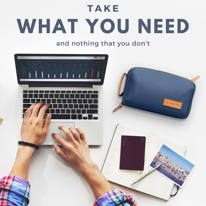 [Australia - AusPower] - Tech Bag Organizer - Small Electronics Organizer Pouch for Travel - Premium Travel Case with Leather Accents - Mesh Pocket for Cables, Cords and Chargers (Navy) Navy 