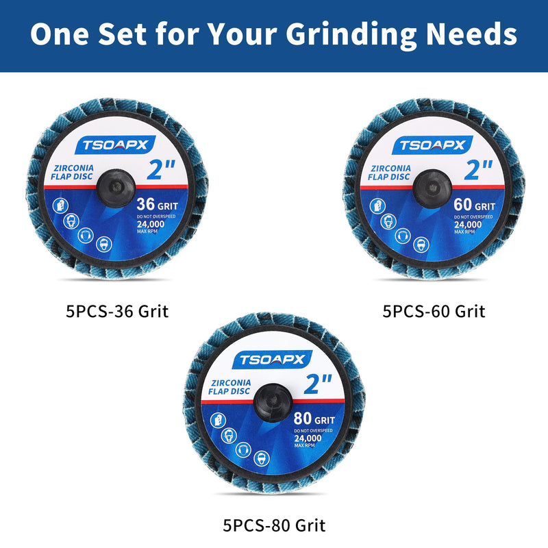 [Australia - AusPower] - 15 PCS Flap Disc Set, 2" Zirconia Blue Flat Flap Discs Roll Lock Grinding Sanding Sandpaper Wheels Grit 36/60/80, Surface Prep Discs for Angle Grinder Strip Rust Paint Removal 15PCS 2 Inch Flap Discs 
