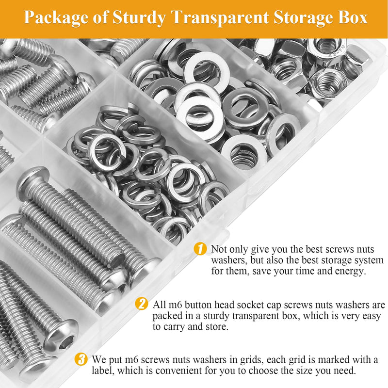 [Australia - AusPower] - 151 Pieces M6 Screws Nuts Washers Set, Sutemribor M6 x 8/10/12/16/20/25/30mm Button Head Socket Cap Screws Nuts Washers Assortment Kit, 304 Stainless Steel, Fully Threaded 