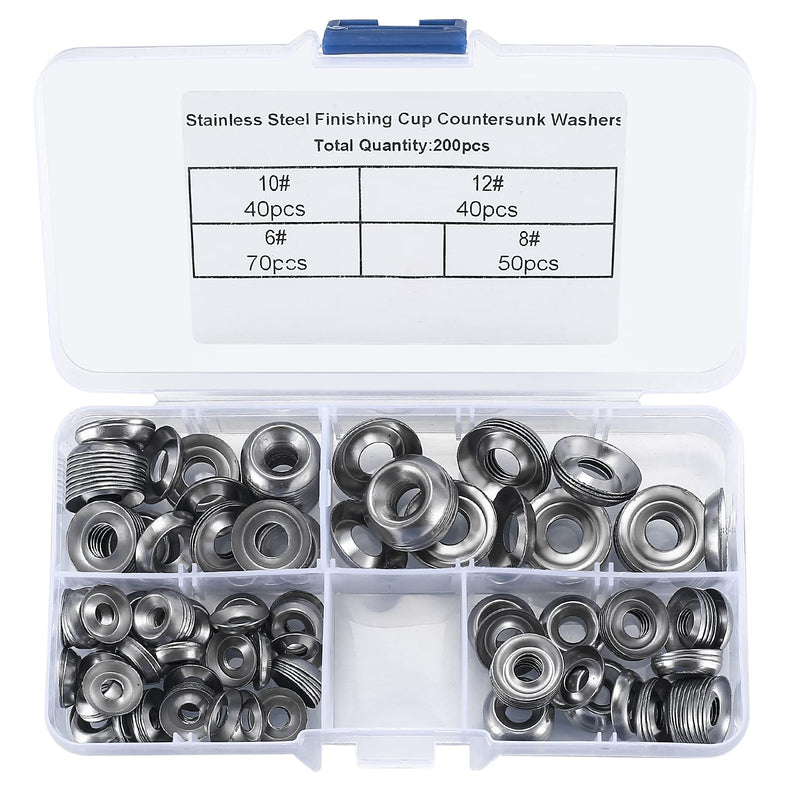 200 Pcs Finishing Cup Countersunk Washers Assortment Kit, 6# 8# 10# 12# Stainless Steel Finishing Cup Washers, Finish washers, Cup Countersunk Finish Washer Set, Finishing Washers