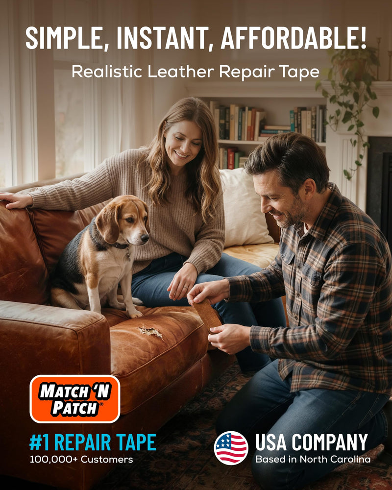 MATCH 'N PATCH Leather Repair Tape - Whiskey (2.25 inch x 15 feet) - Realistic Faux Leather Patches for Couch, Sofa, Upholstery, Car Seats & Other Furniture, Vinyl Repair Kit, Self Adhesive Patch 2.25" x 15'