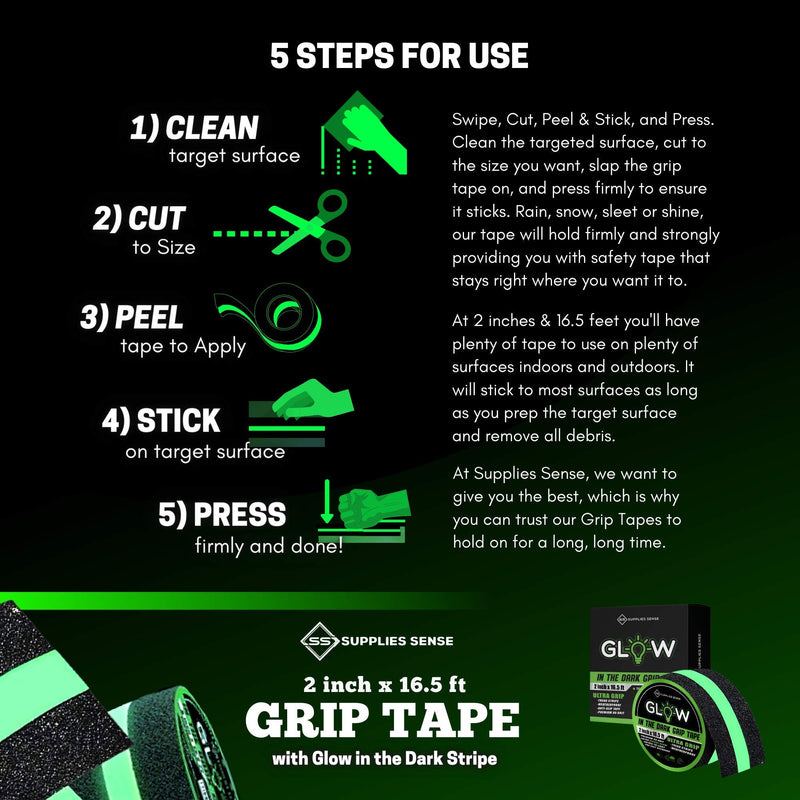 Supplies Sense Anti-Slip Grip Tape Strips 2" x16.5ft, Non-Slip Traction Tape, Weatherproof Safety Adhesive Grip Treads with Glow in The Dark Strip, in/Outdoor Abrasive Tape for Stairs, Non-Skid Steps