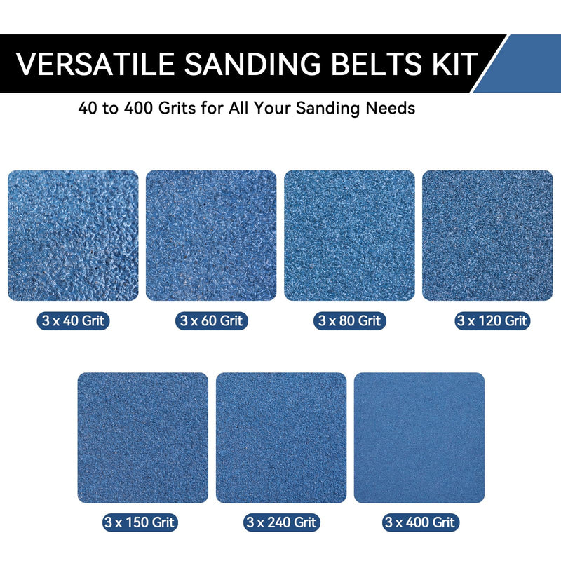 3x21 Inch Sanding Belts 21 Pcs 7 Grits Sizes (3 Each of 40/60/80/120/150/240/400 Grits) Heavy Duty Belt Sander Zirconia Belt Sander Paper for Wood, Metal, Stainless Steel, Cars, and Furniture 3x21 inch