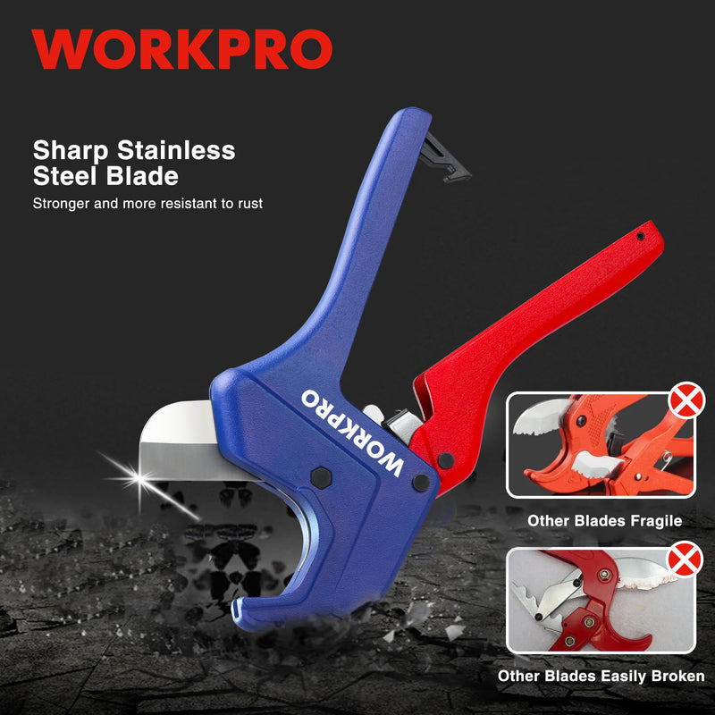 WORKPRO Ratchet PVC Pipe Cutter Tool, Up to 2-1/2", Pex Cutting Tool for Cutting PEX, PVC, PPR, and Plastic Hoses with Sharp 5Cr15MoV Stainless Steel Blades, Suitable for Home Repairs and Plumbers 2-1/2"(63mm)