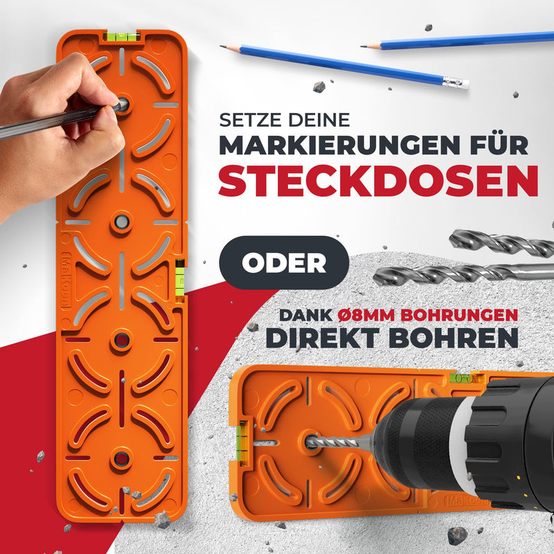 Drilling template for socket switch box flush-mounted box cavity box cavity box 71 mm distance electrician spirit level for electrical installation in shell construction and drywall MaKoen drilling template light Ø8mm - Orange