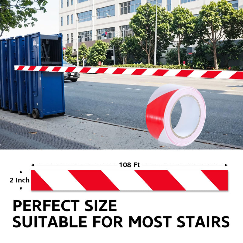 2 Inch x 108 Ft Red & White Caution Floor Tape - Safety Warning Hazard Tape Roll - Strong Adhesive Waterproof High Visibility Stripe Tapes - Ideal for Marking, Garage, Construction, Warehouse 2 Inch x 108 Ft Red & White Caution Tape