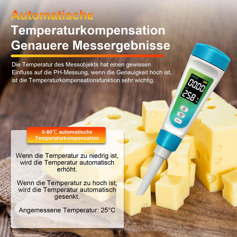 [Australia - AusPower] - RUIZHI PH Meter for Food & Cosmetics - PH Value Meter for Semi-Solid Substances (Meat, Dough, Cheese, Fruit/Vegetables) with Automatic Temperature Compensation, ℃/℉ Display & LCD Background Bele 